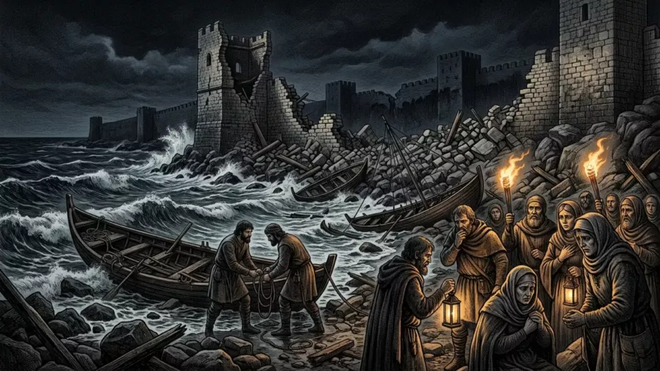 1343 depreminde İstanbul deniz surları (temsili)