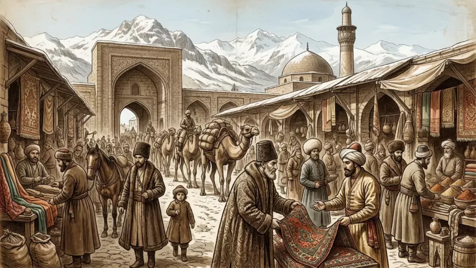 17. yüzyıl Şamahı çarşısında tüccarlar ve develi kervan