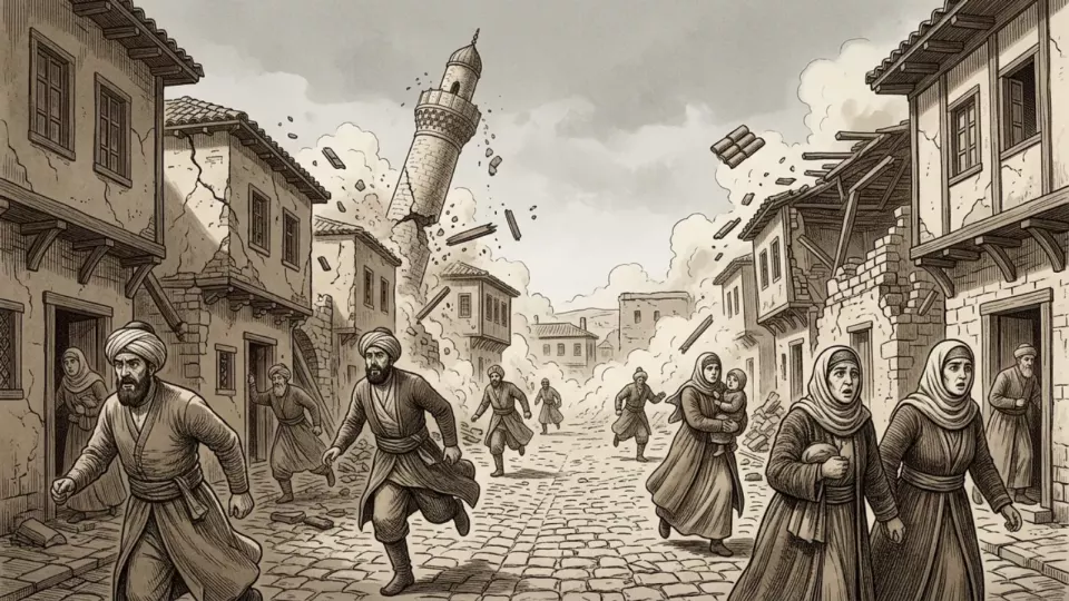 1667 depreminde Şamahı'da çöken evlerden kaçan insanlar