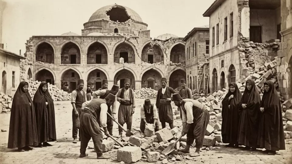 Yıkılan kervansaray ve evler (temsili)