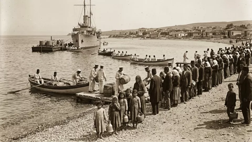 Kıyıya su ve ekmek getiren gemiler (temsili)