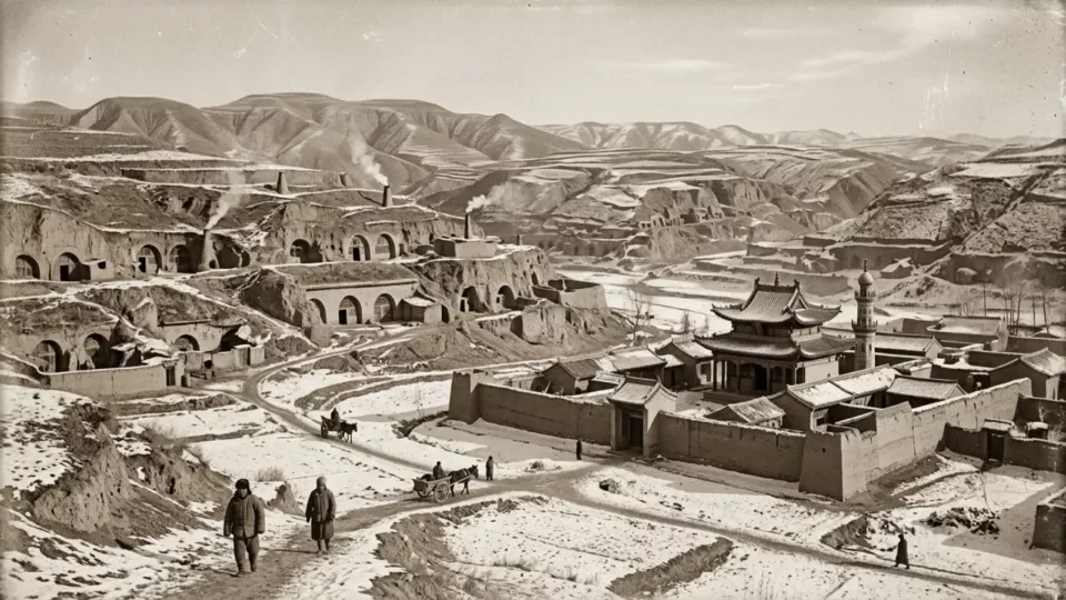 1920'de Haiyuan çevresinde lös tepeleri ve mağara evler (temsili)