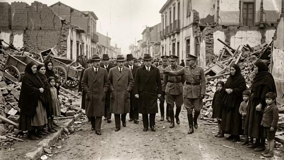 Yıkılan şehri gezen resmî heyet (temsili)