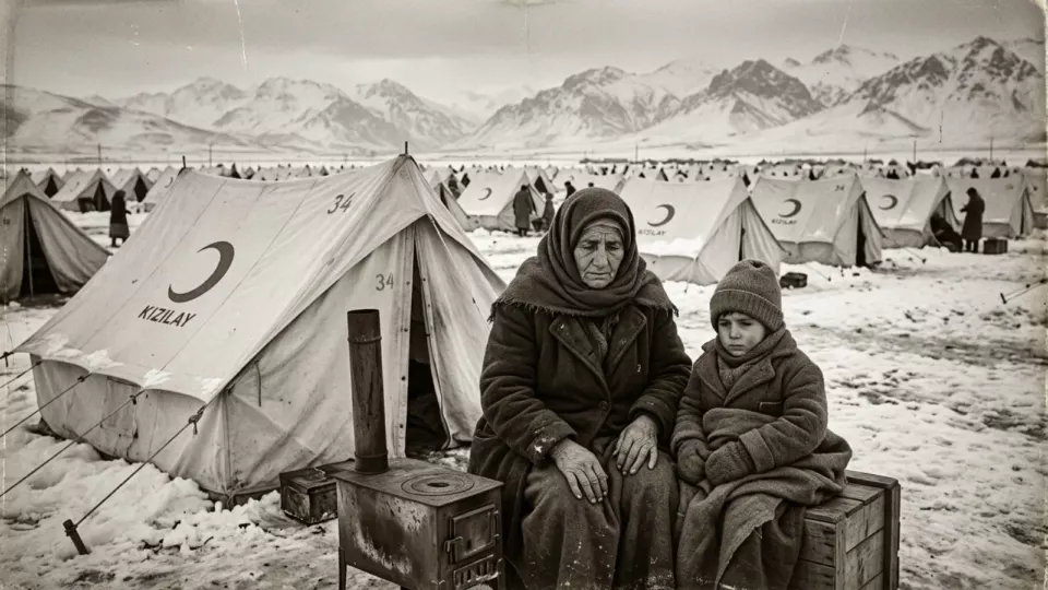 Karlı ovada kurulan çadırlar (temsili)