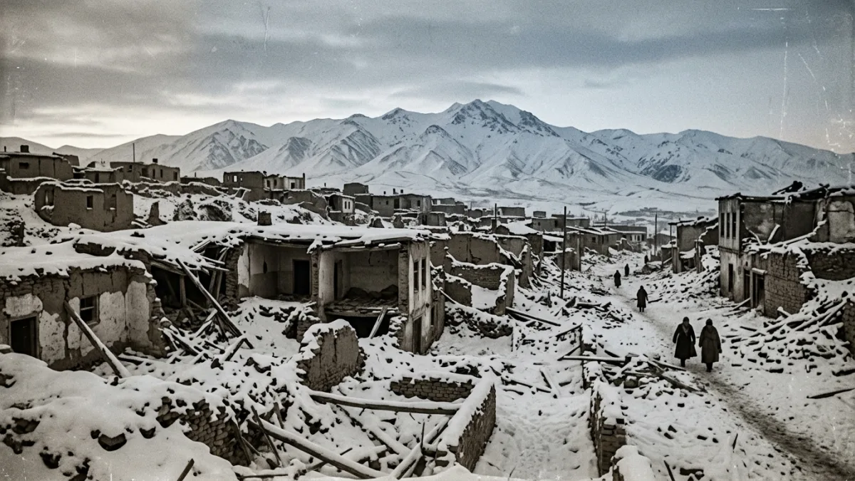 1939 depreminin ertesi sabahı karla kaplı yıkık Erzincan (temsili)