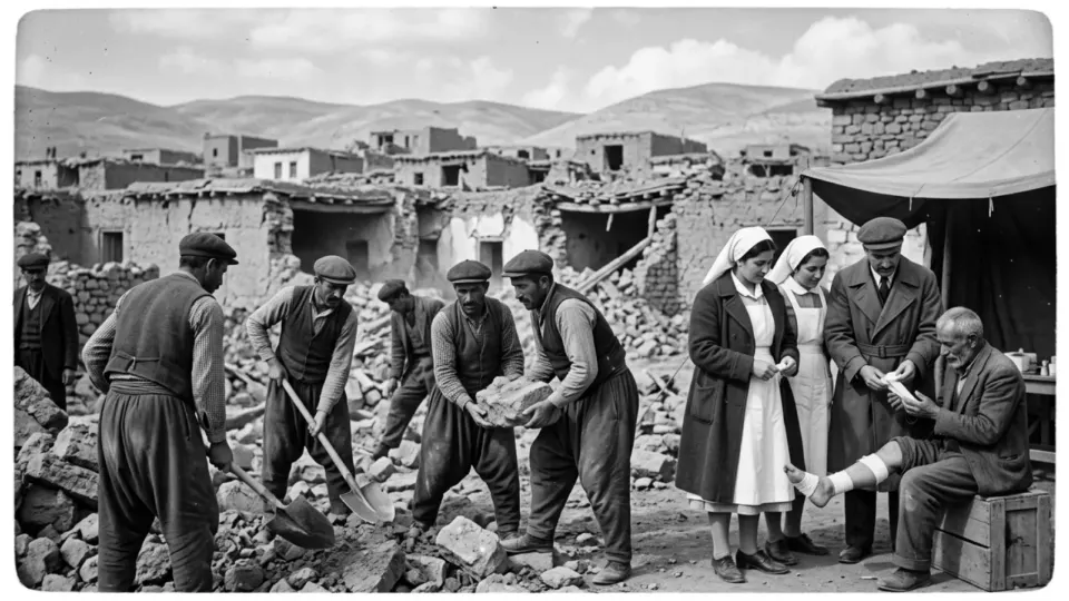 Enkaz başında köylüler ve sağlık ekibi (temsili)