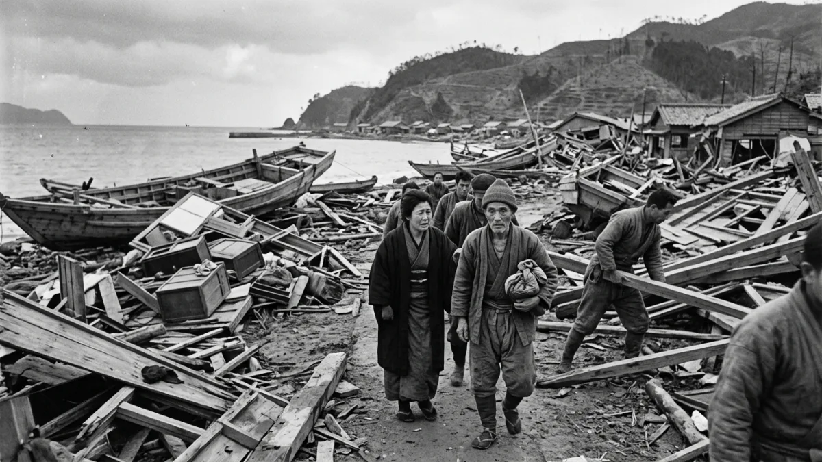 1946 Nankaido tsunamisinin yıktığı kasaba (temsili)