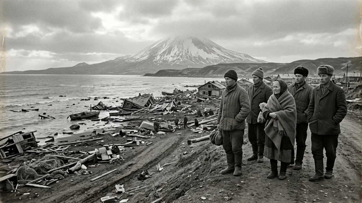 1952 tsunamisinden sonra Severo-Kurilsk (temsili)