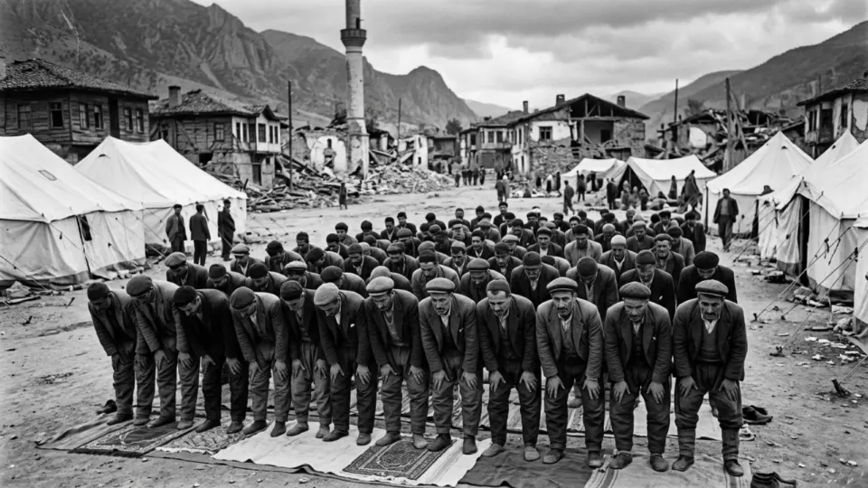 Depremden sonra çadırda kılınan namaz (temsili)