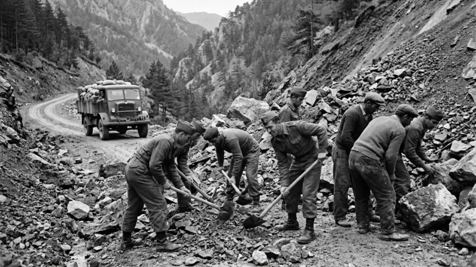Heyelanla kapanan yolu açan ekipler (temsili)