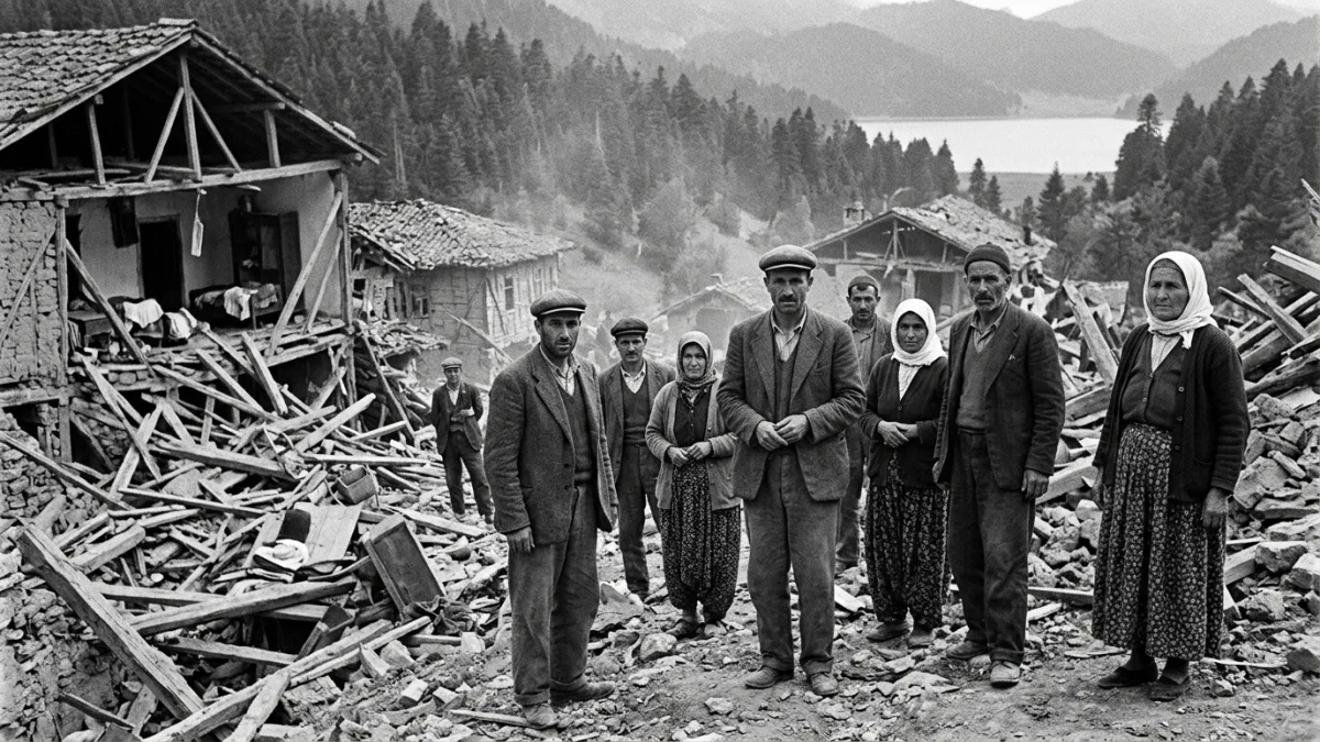 1957 Abant depreminde yıkılan bir köy (temsili)