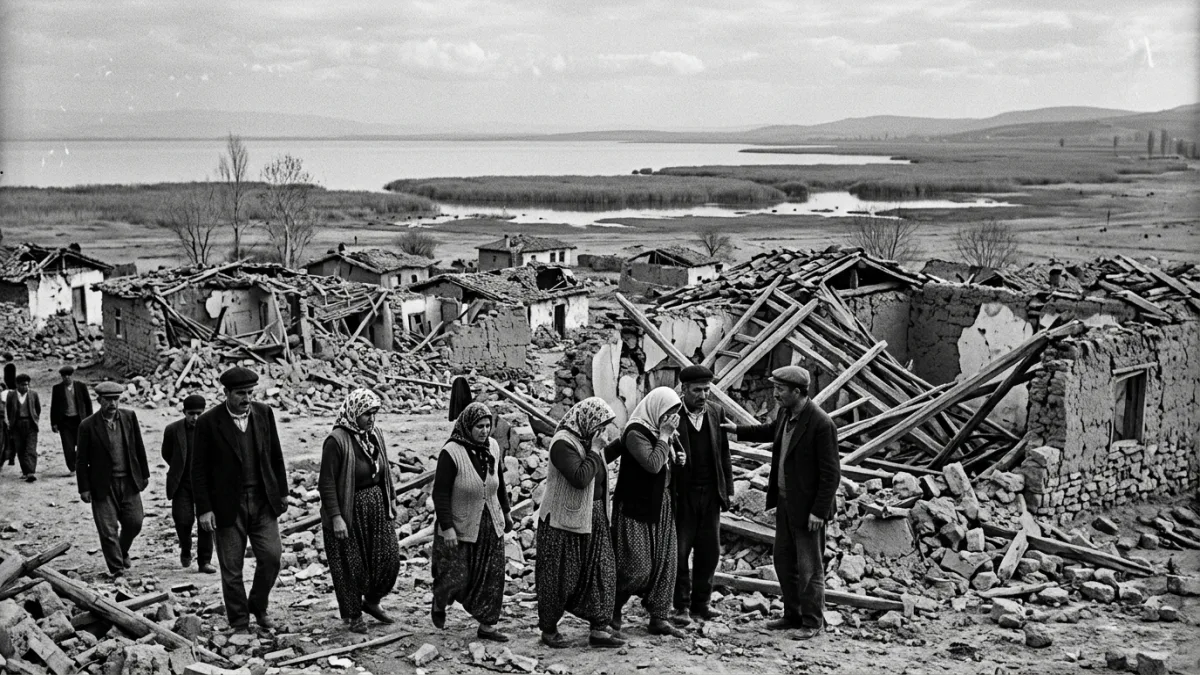 1964 Manyas depreminde yıkılan bir köy (temsili)