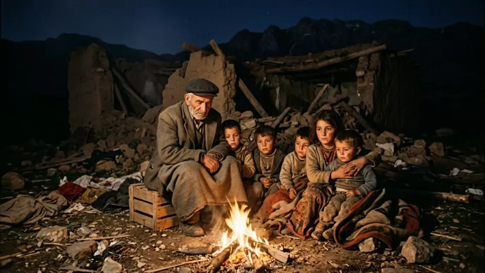 Yıkılmış evinin önünde ateş başında bir aile (temsili)