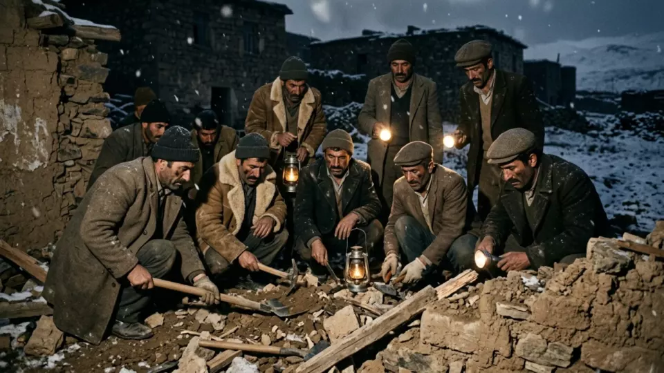 Gece fener ışığında enkazda arama (temsili)