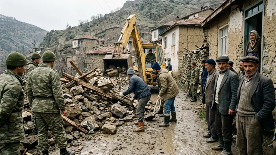 Askerler ve köylüler enkaz başında (temsili)