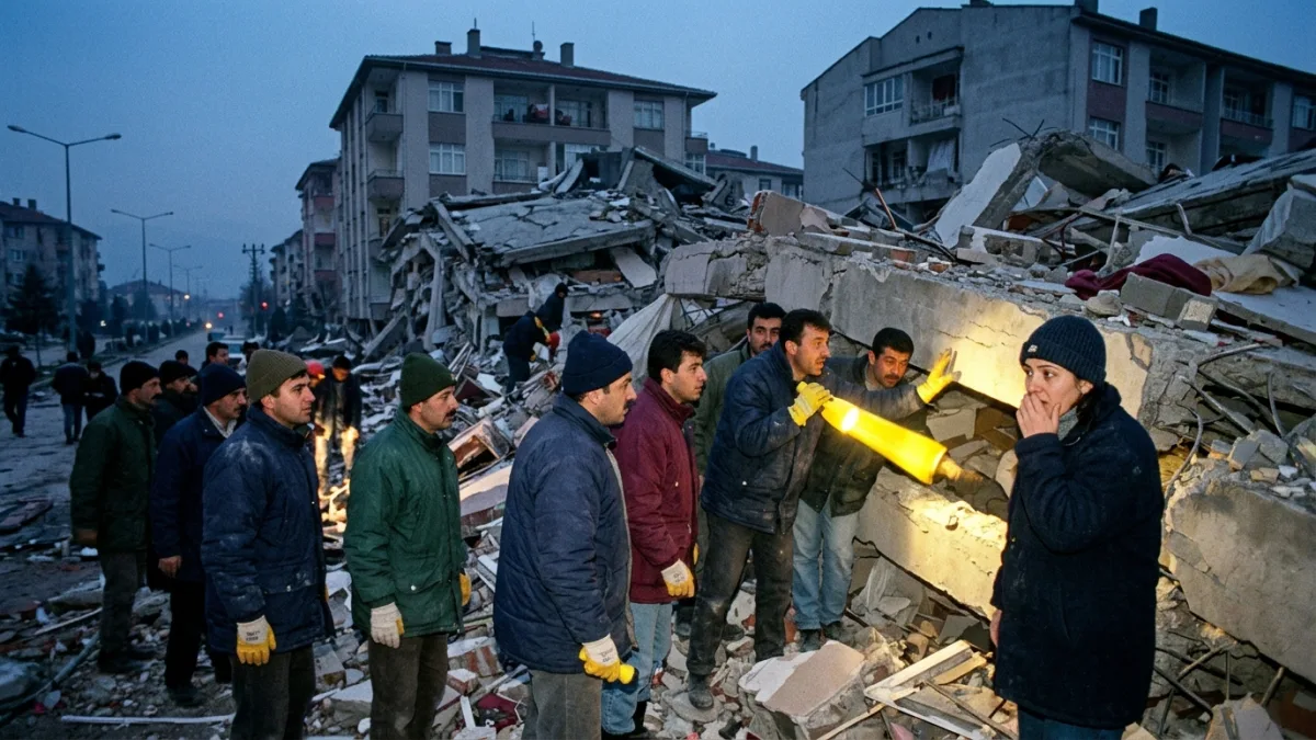 1999 Düzce depremi sonrası çökmüş binalar (temsili)