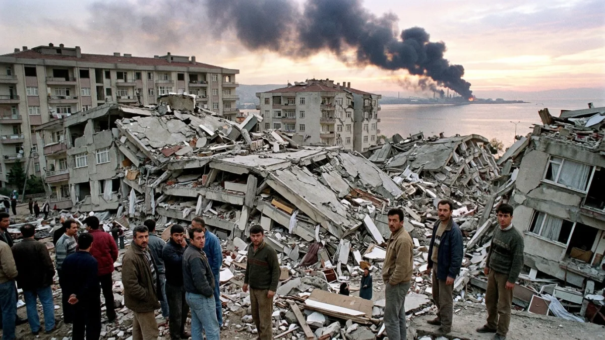 17 Ağustos 1999 sabahı İzmit Körfezi'nde çökmüş binalar (temsili)