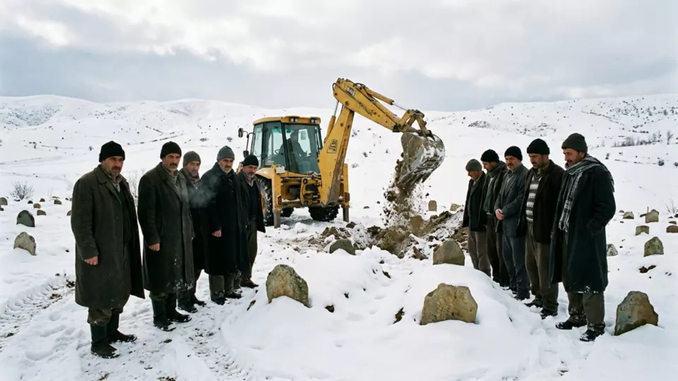 Donmuş toprakta iş makinesiyle açılan mezarlar (temsili)