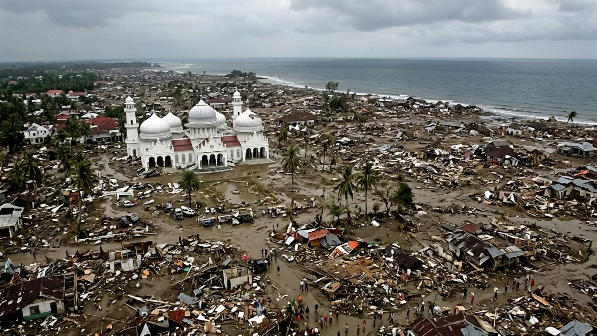 Tsunamiden sonra Banda Aceh ve ayakta kalan cami (temsili)