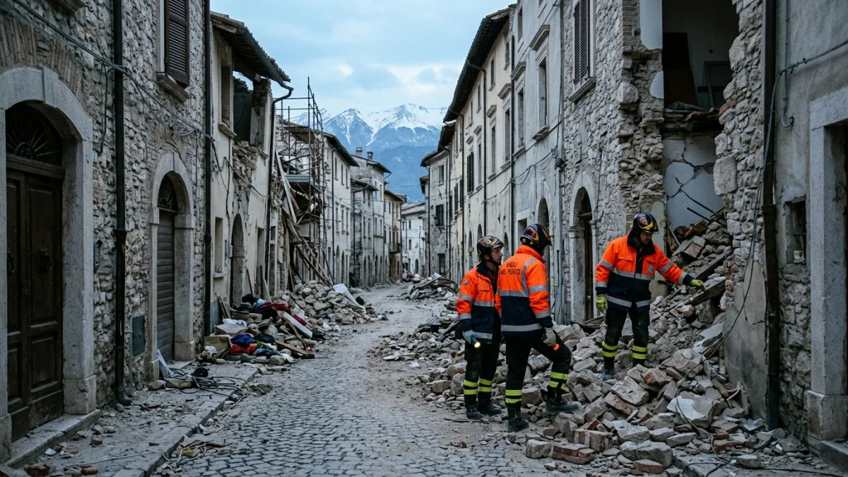 2009 depreminde yıkılan L'Aquila (temsili)