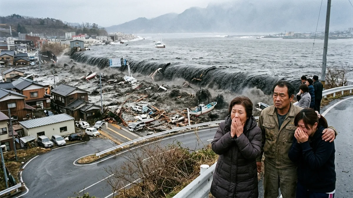 2011 Tohoku tsunamisinin kıyı kasabasını vuruşu (temsili)