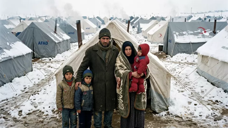 Van'da karlı çadır kentte bir aile (temsili)