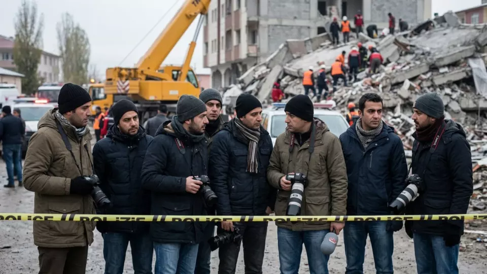 Enkaz başında bekleyen gazeteciler (temsili)