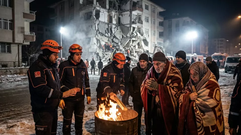 Karlı gecede ateş başında bekleyenler (temsili)
