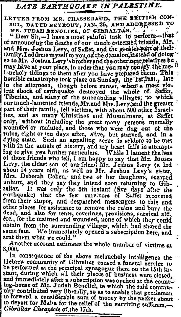 The Times'ta 1837 Celile depremi haberi