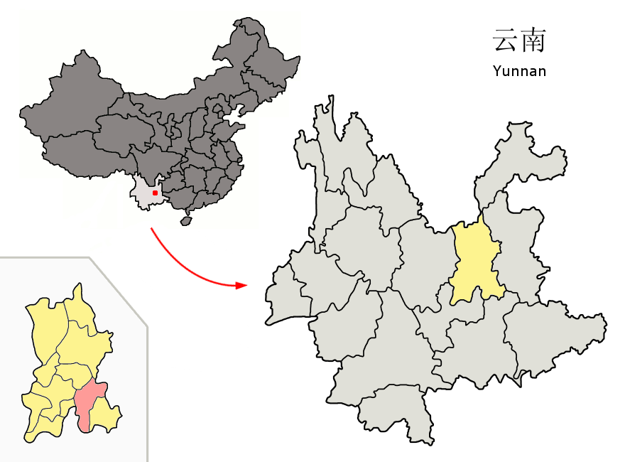 Yiliang ilçesinin Yunnan haritasındaki yeri