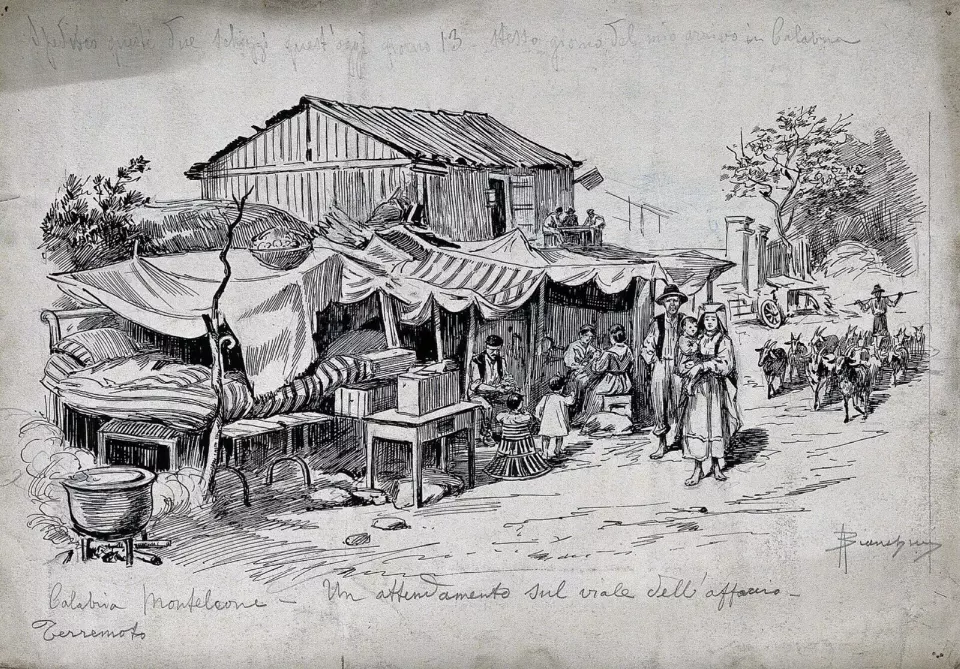 Monteleone'de depremzedelerin kampı, 1905 çizimi