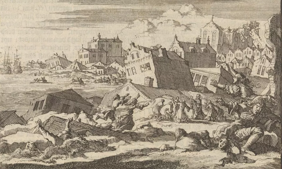 1692 Port Royal depremini gösteren Hollanda gravürü