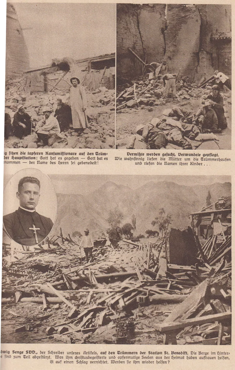 1927 depreminden sonra Gansu'da yıkılmış misyon binaları ve enkaz başındaki insanlar
