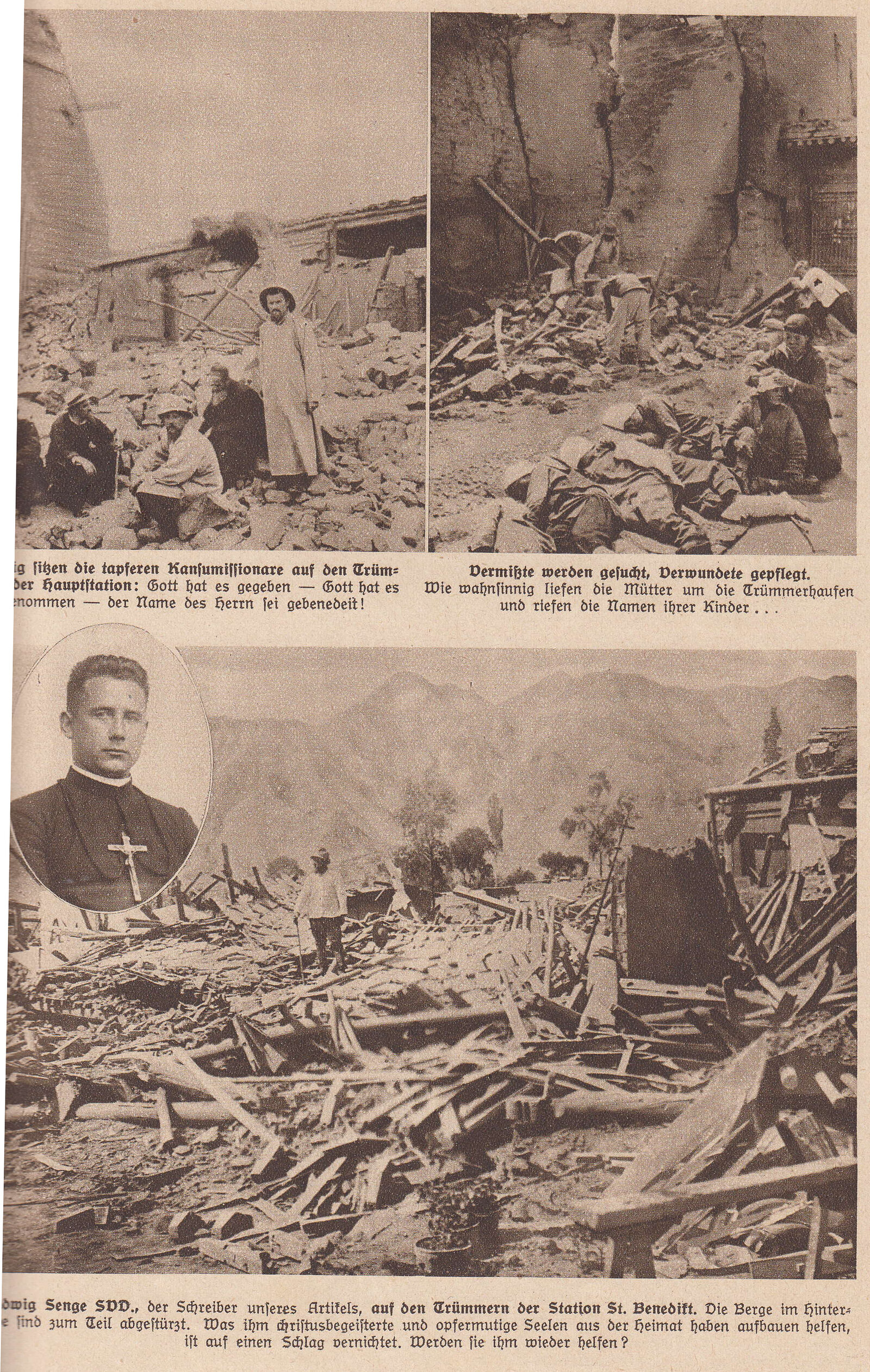 1927 depreminden sonra Gansu'da yıkılmış misyon binaları ve enkaz başındaki insanlar