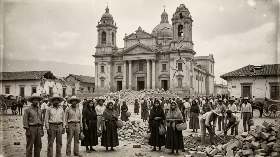 1917-18 depremlerinden sonra yıkık katedral önünde molozların yanında duran insanlar