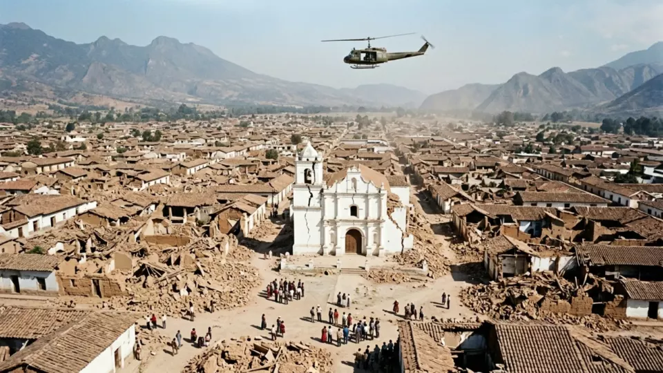 Depremden sonra tümüyle yıkılmış dağ kasabası ve üzerinde uçan helikopter
